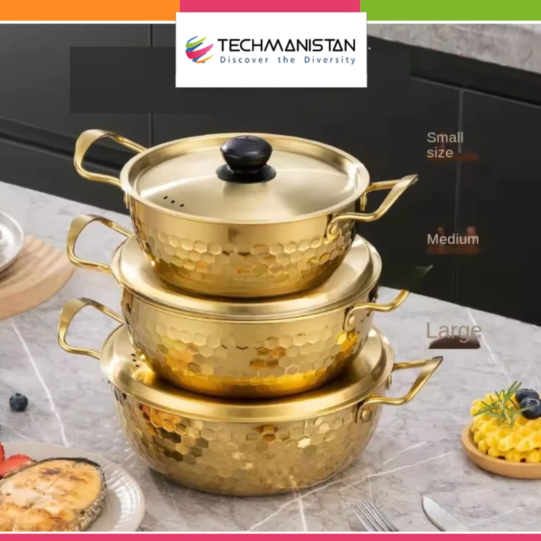 3 Piece Golden Hexagonal Pattern Serving Ramen Pots with Lids