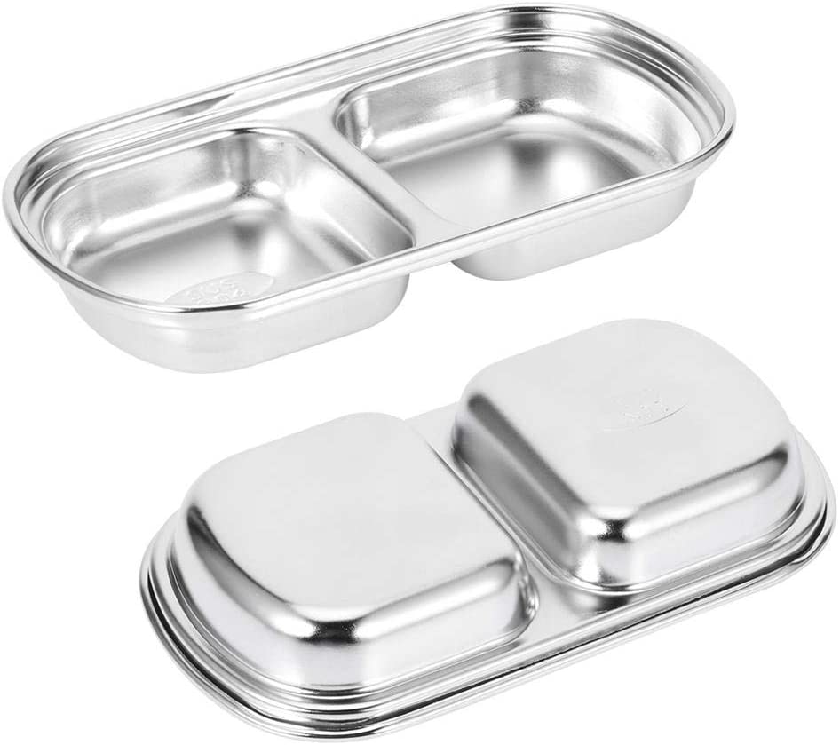 Techmanistan 2 Compartments Stainless Steel Sauce Dish Seasoning Dish Snack Plate, Korean Saucer Dish, Dip Dish, Sub-Grid Flavored Sauce Vinegar Bowl, 2 Compartments Plate