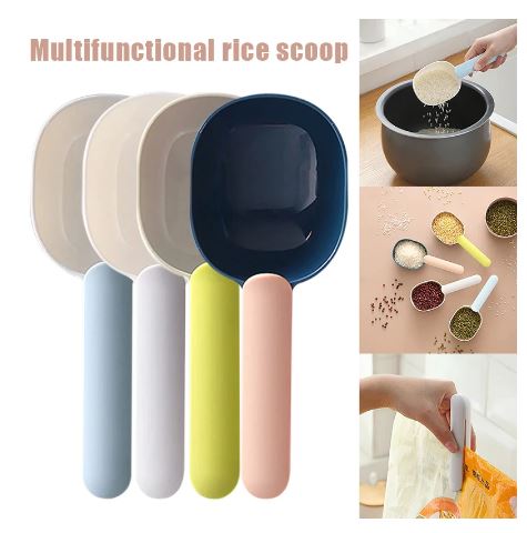 Random Color Plastic Kitchen Shovel Bucket-Shaped Spoon With Bag Seal Clip, Multi-Functional Rice Spoon Ice Cream Spoon, Seal clip bag