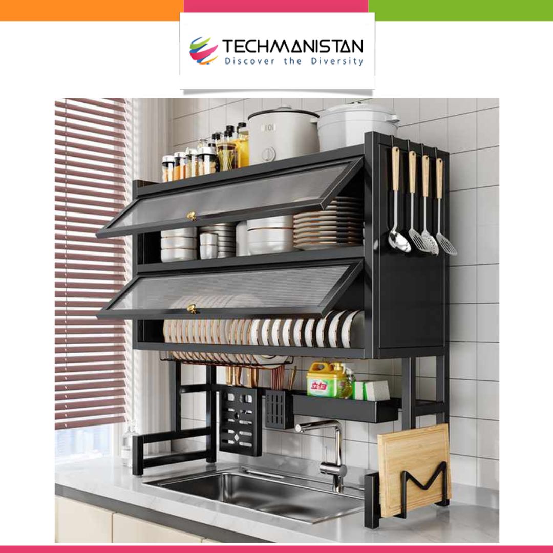Over Sink Dish Drying Rack with Dust-Proof Cabinet Doors