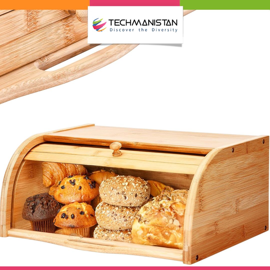 Bamboo Wooden Bread Box – Roll-Top Kitchen Storage Box