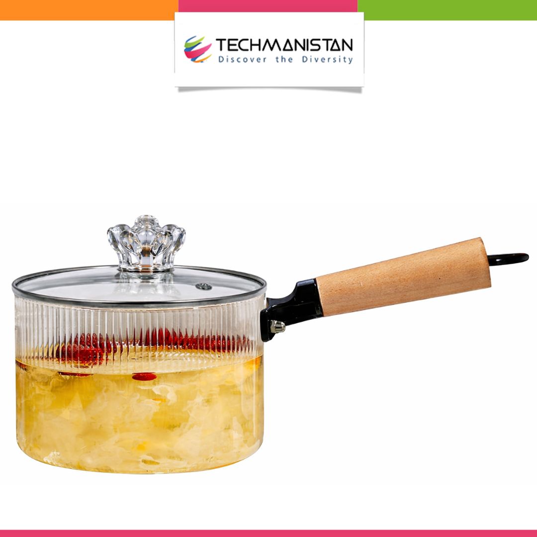 Stripped Glass Pot With Long Wooden Handle & Glass Lid