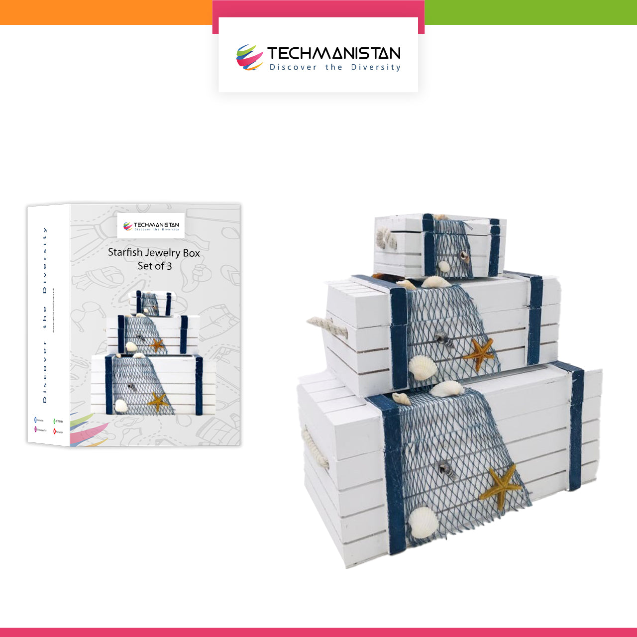 Set of 3 - Multipurposed Starfish Decorations Puzzled Striped Wooden Jewelry Box, Keepsake Organizer or Gift Box