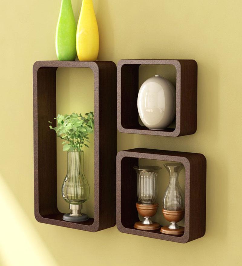 Set of 3 - Rectangular Wall Mount Shelves - Brown