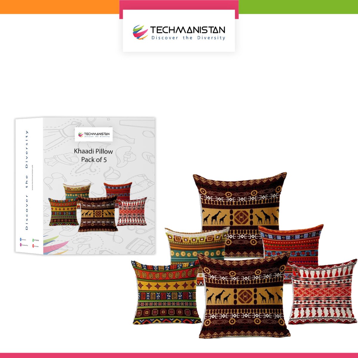 Pack Of 5 - Ethnic Design Cushions - Multicolor cushion covers Without Filling, Cushioncover for Sofa Designer Fancy Geometric pillows printed set