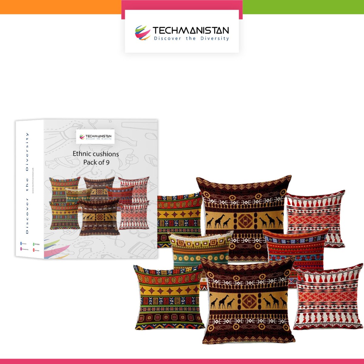 Pack Of 9 Ethnic Design African Geometric Cushions Without Filling, Cushions For Sofa, Printed Cushion Covers For Sofa, Fancy Cushion Covers For Bed, Sofa Pillow Covers, Sofa Cushion Set, Cushion Covers 4 Piece Set Without Filling