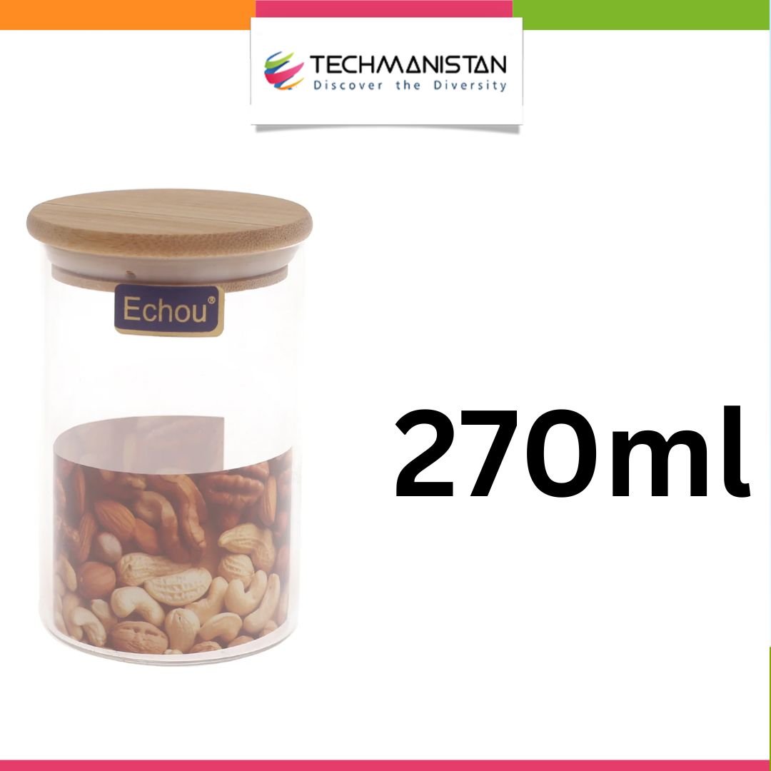 Set of 3 - Round Glass Kitchen Jars With Wooden Bamboo Lids
