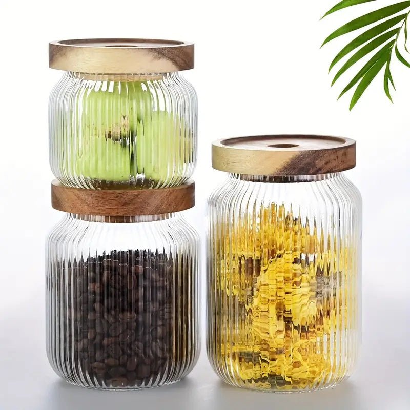 Set of 3 - Stackable Airtight Striped Glass Jars