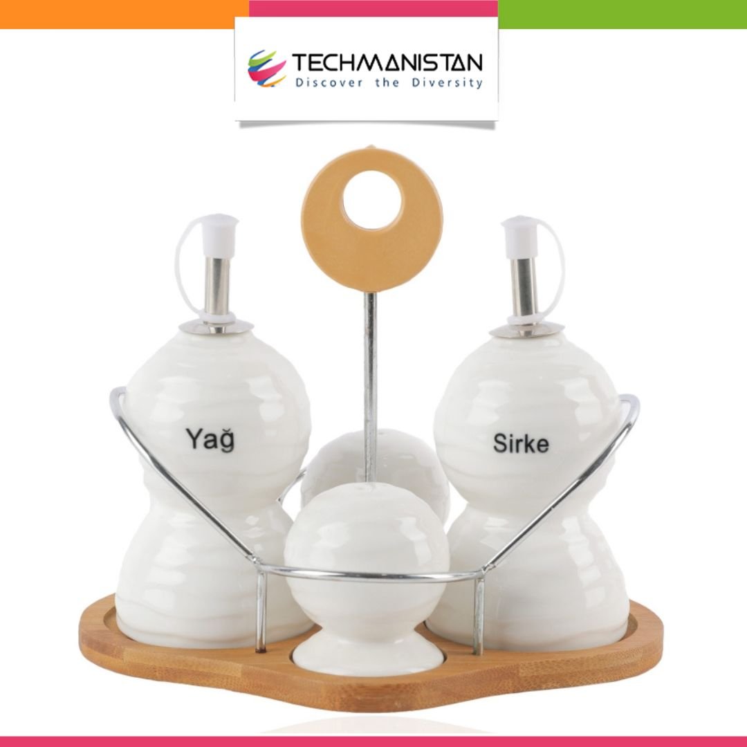 Set of 4 - Condiment Set with Wooden Base