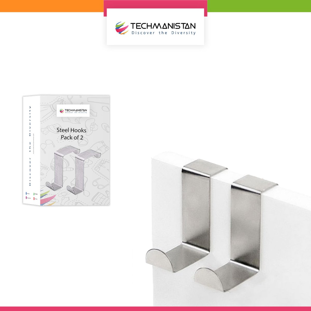 Techmanistan Pack Of 2 - Stainless Steel Over the Door Hanger Cabinet Hooks