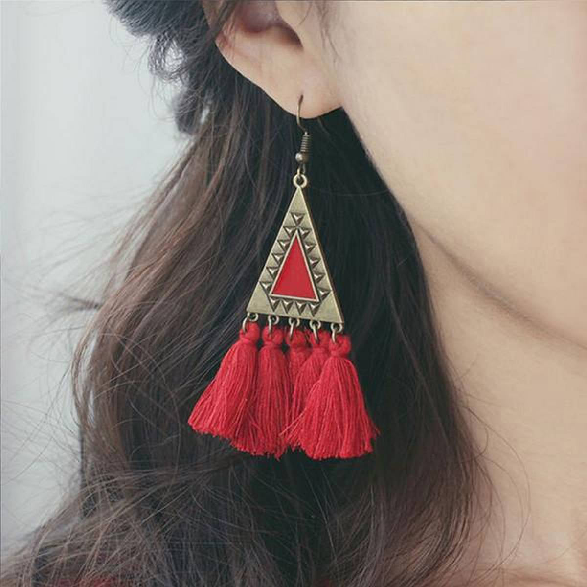 Vintage Bohemian Ethnic Triangle Dangle Drop Tassel Earrings - Red