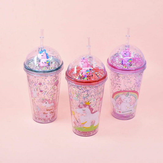 Random Color Unicorn Confetti Tumbler, Unicorn Crystal Ice Tumbler with Straw, Unicorn Plastic Travel Tumbler With Straw, Creative Double Layer Drinking Water Bottle Tumbler, Portable Juice Coffee Milk Cup