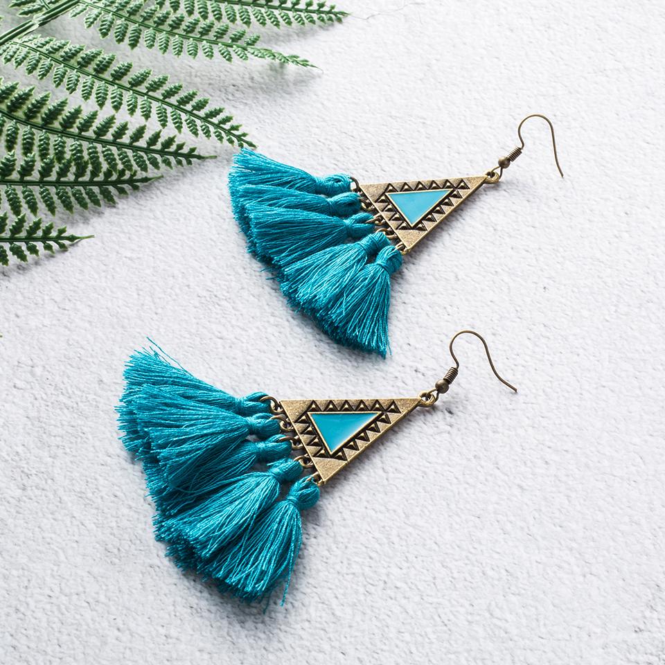 Vintage Bohemian Ethnic Triangle Dangle Drop Tassel Earrings - Blue