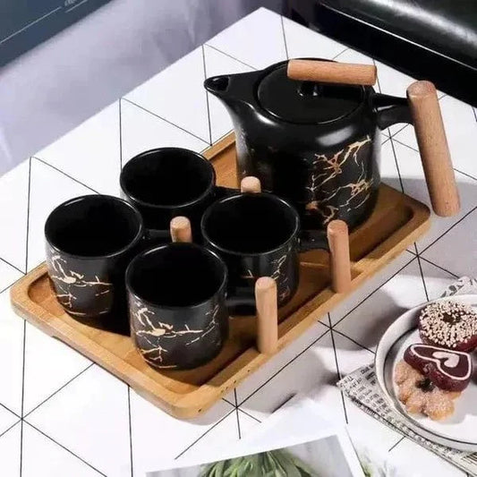 4 Pieces Tea Cups With Teapot & Wooden Tray