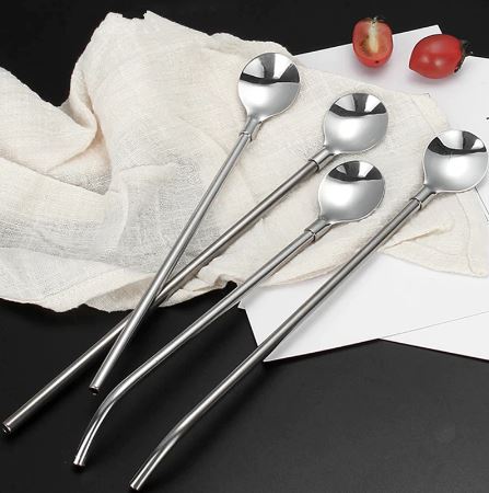 6-Pack Stainless Steel Drinking Spoon Straw Set - Reusable & Practical