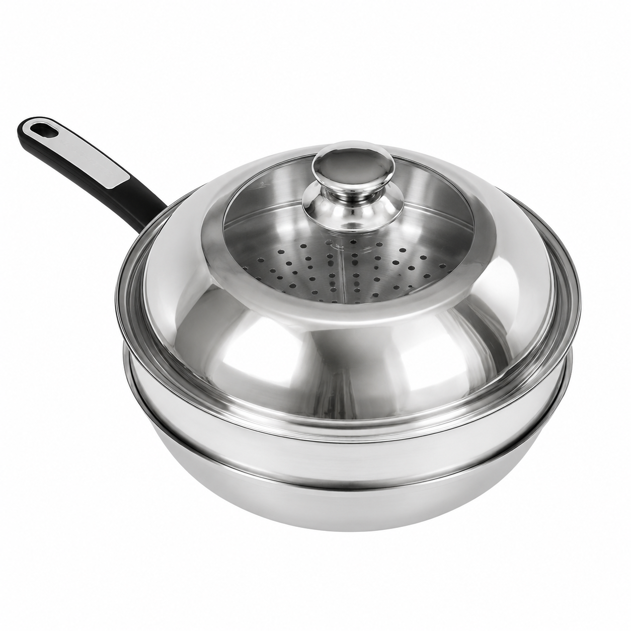 34cm Double Sided Laser Coated Stainless Steel Wok with Steamer