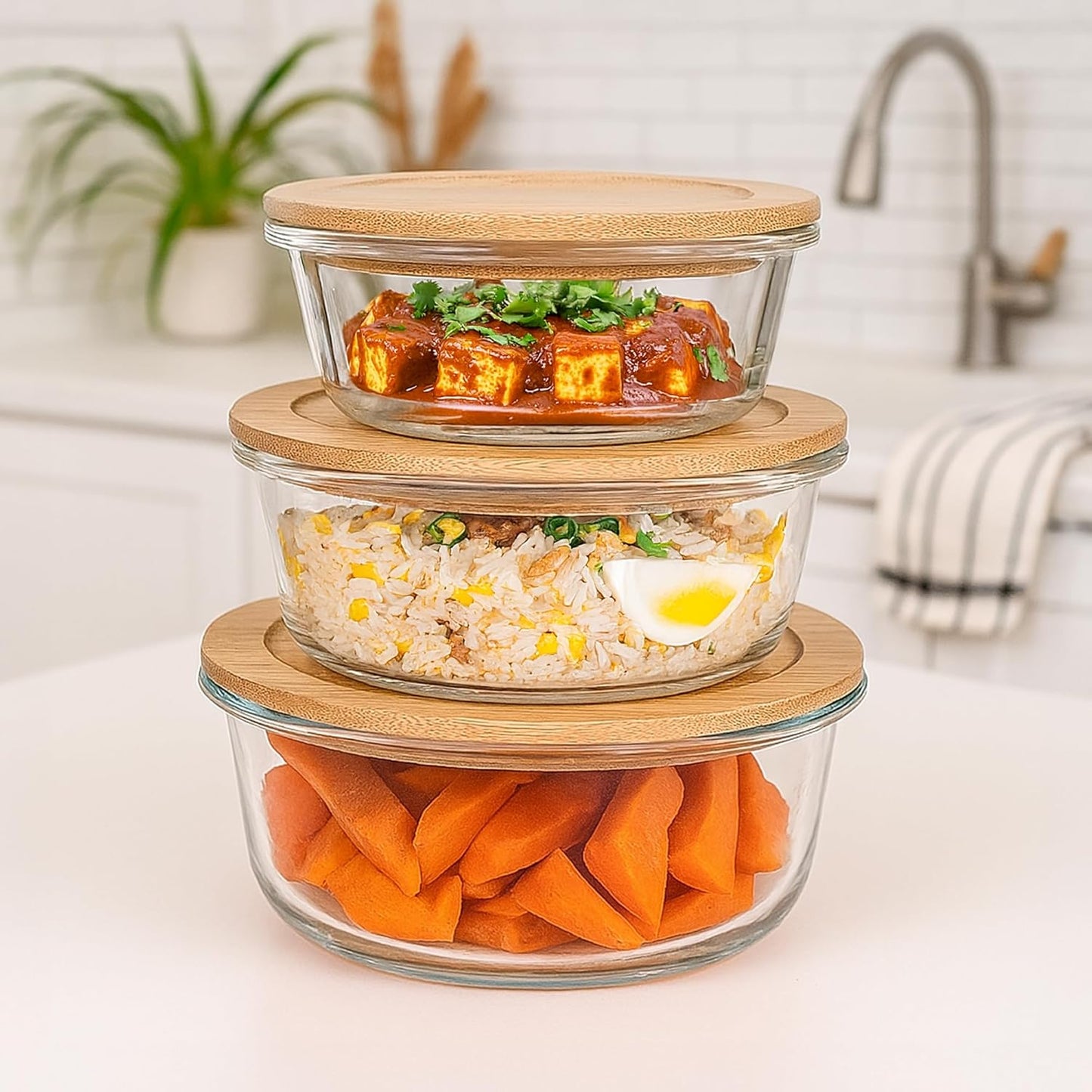 Set of 3 Glass Oven-Safe Containers with Bamboo Wooden Lids