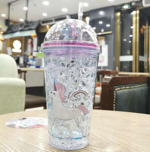 Random Color Unicorn Ice Jelly Tumbler, Unicorn Crystal Ice Tumbler with straw, Unicorn Plastic Travel Tumbler With Straw, Creative Double Layer Drinking Water Bottle Tumbler, Portable Juice Coffee Milk Cup