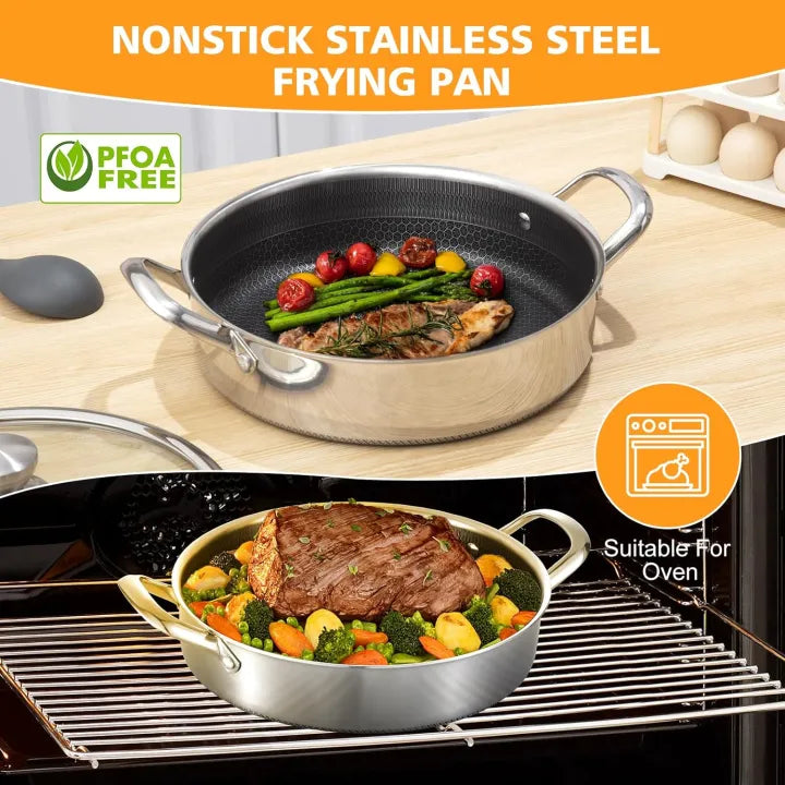Flat Bottom Double Sided Laser Coated Honeycomb Layer Frying Pan With Lid & Dual Handle