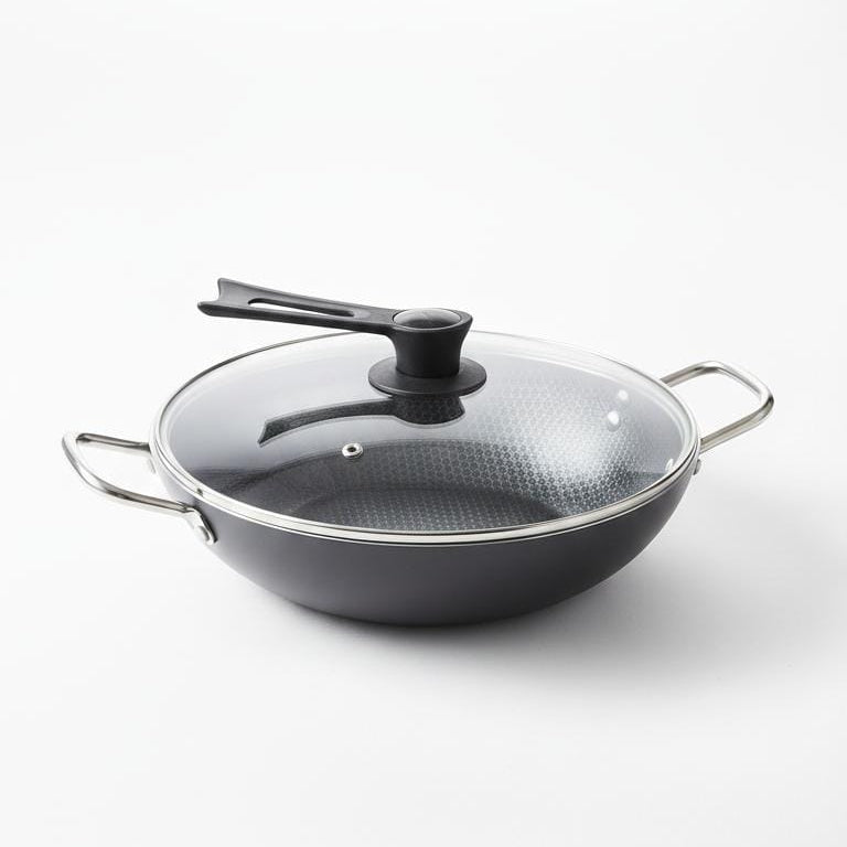 Dual Handles Honeycomb Laser Coated Wok With Lid Karahi
