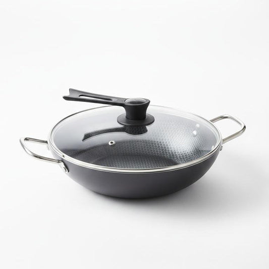 Dual Handles Honeycomb Laser Coated Wok With Lid Karahi