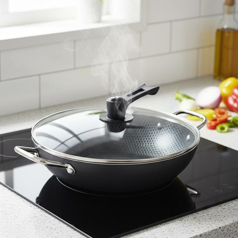 Dual Handles Honeycomb Laser Coated Wok With Lid Karahi