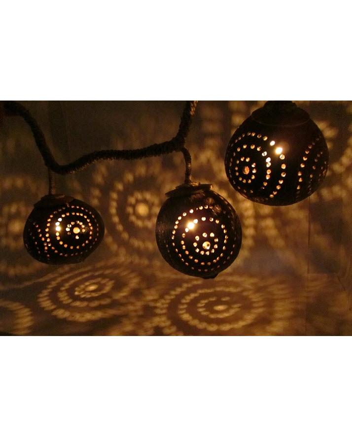Set of 3 Globes - Natural Thai Coconut Shell Light