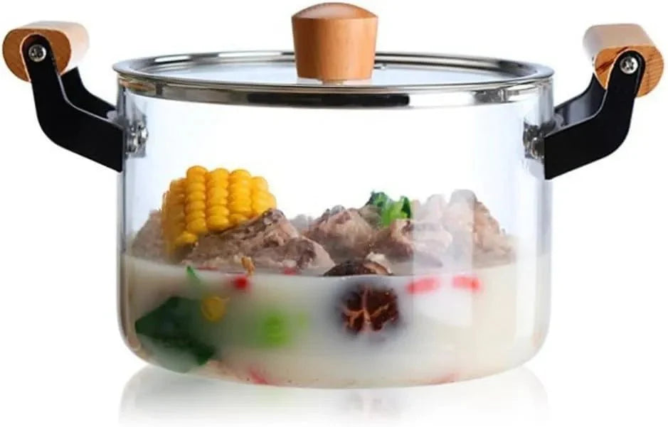 Clear Glass Pot with Stainless Steel Lid & Wooden Handle