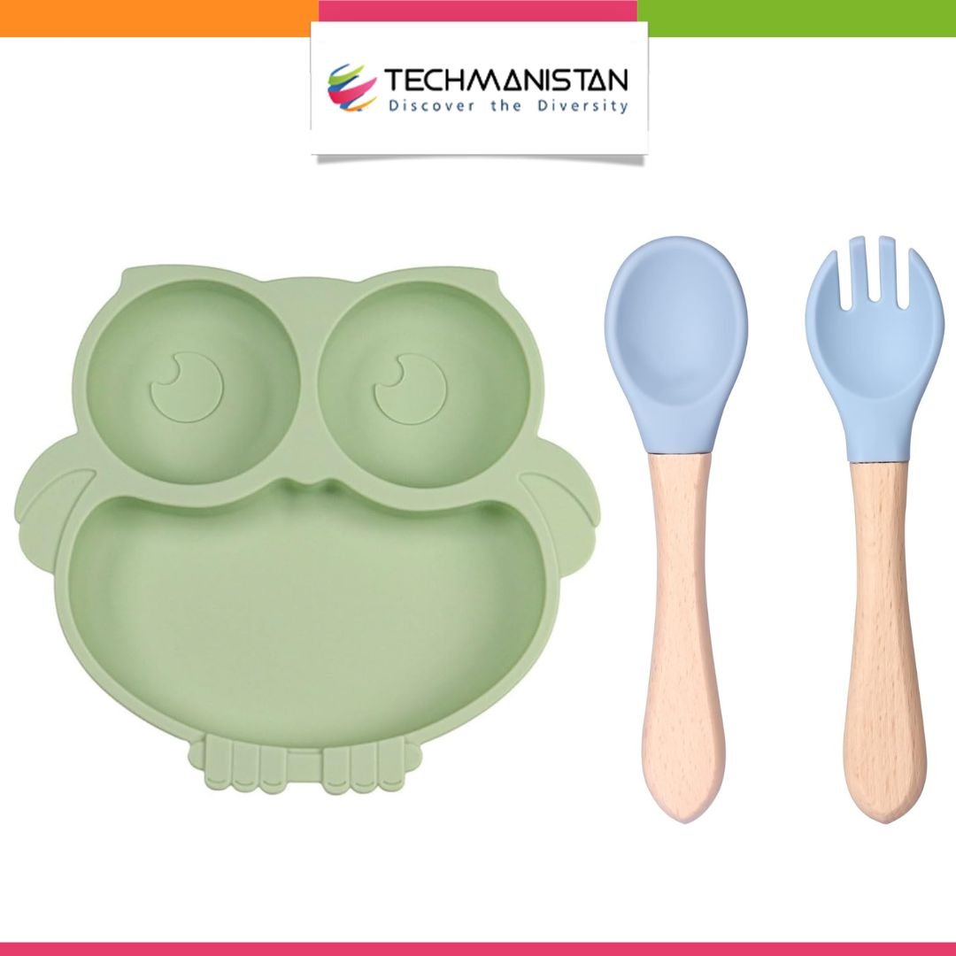 Cute Cartoon Silicone Baby Suction Plate, Fork and Spoon Set