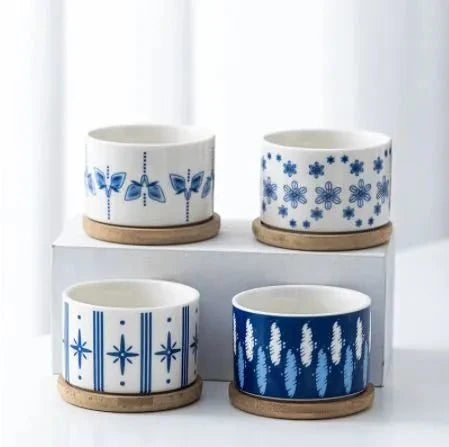 Cylindrical Mini Ceramic Succulent Planters with Bamboo Tray