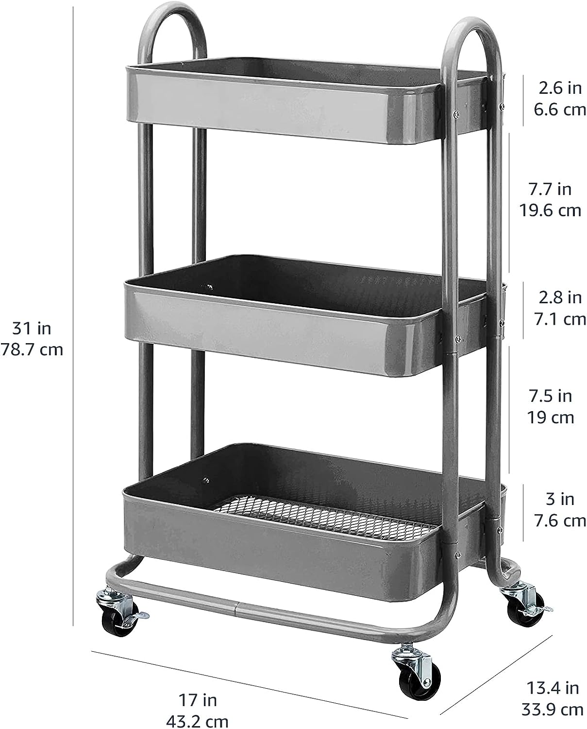 3-Tier Wheeled Mesh Base Rolling Kitchen Trolley Cart