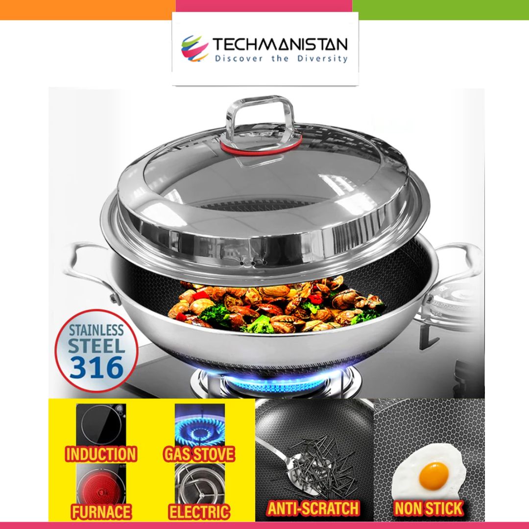 Honeycomb Print Laser Coated Wok With Dual Handles & Lid