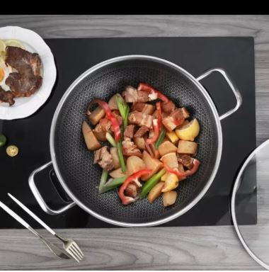 Dual Handles Honeycomb Laser Coated Wok With Lid, Karahi