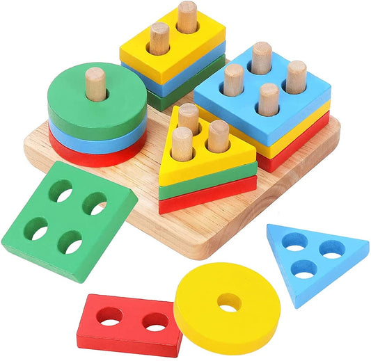 Wooden Geometric Shape Matching 4 Column Blocks Pole For Kids Early Educational Toys, Colorful Shape Sorter Wooden Toy