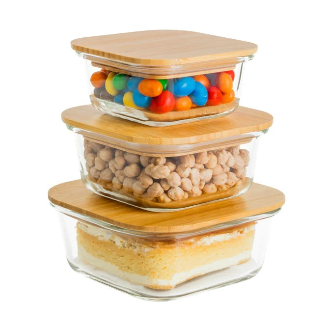 Set of 3 Glass Oven-Safe Containers with Bamboo Wooden Lids