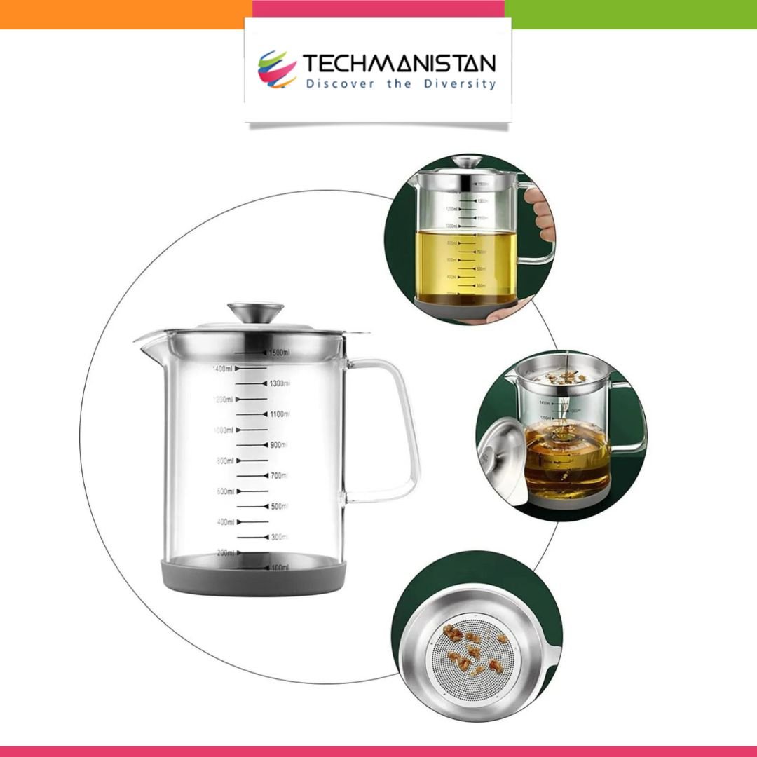 Glass Oil Pot with Stainless Steel Lid and Strainer