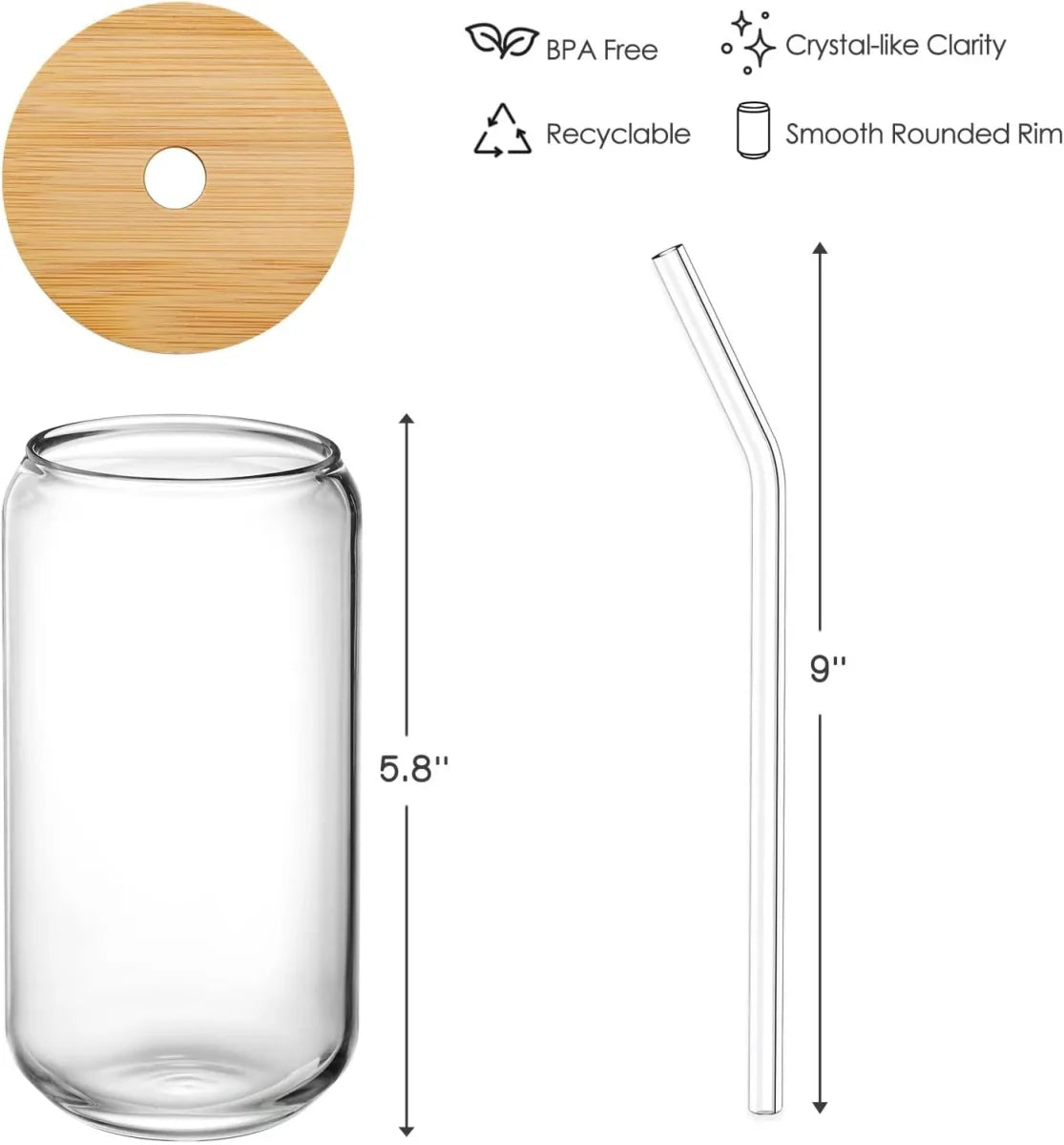 Glass Tumbler with Bamboo Lids and Glass Straw