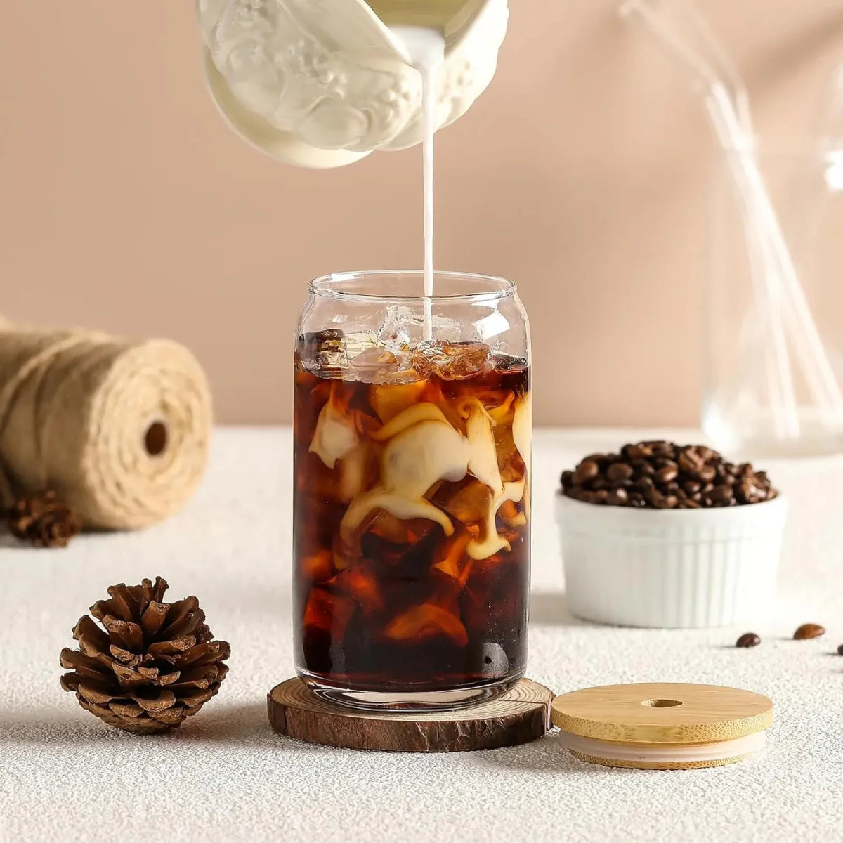 Glass Tumbler with Bamboo Lids and Glass Straw
