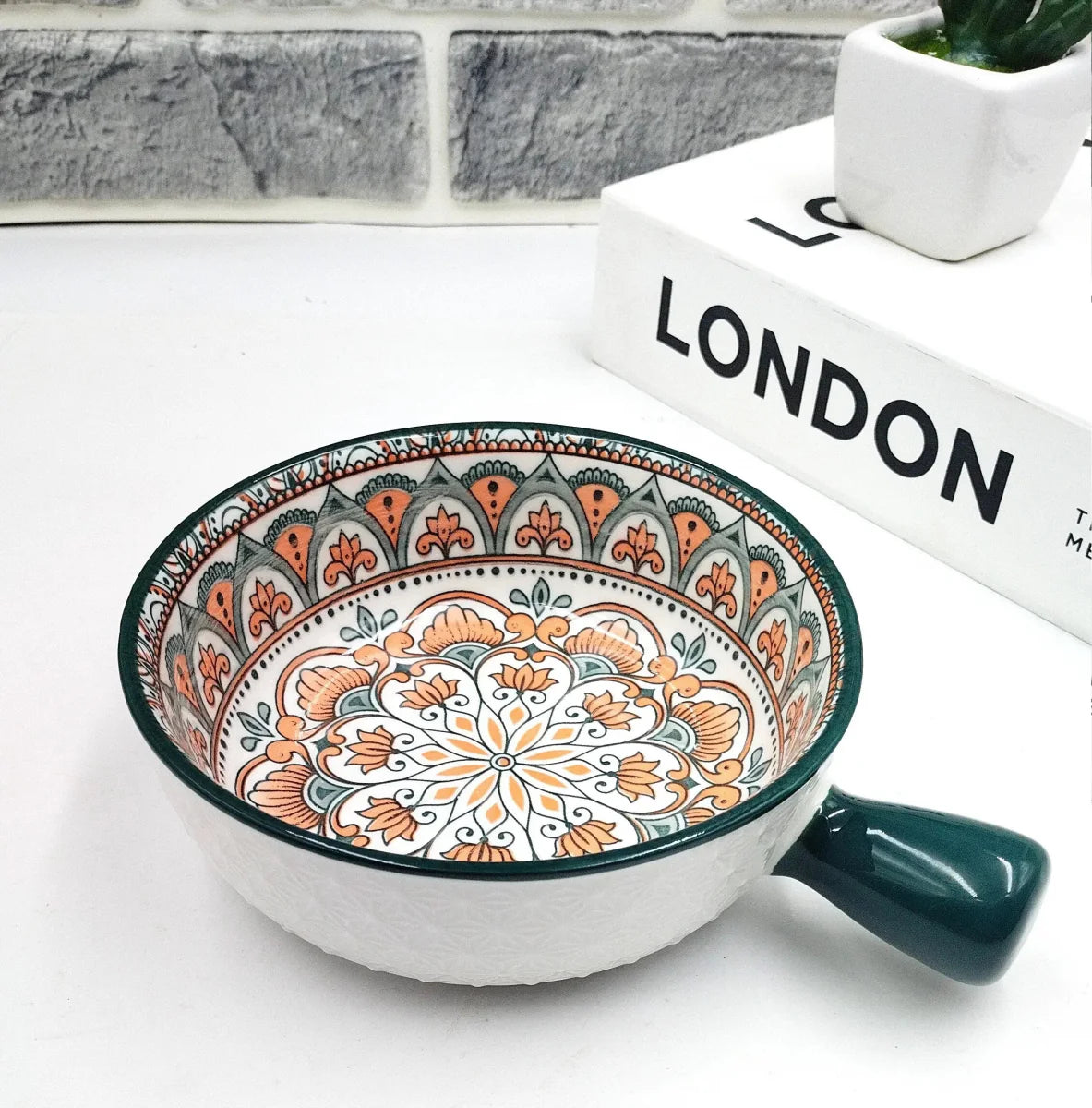 Mandala Print Ceramic Bowl with Handle