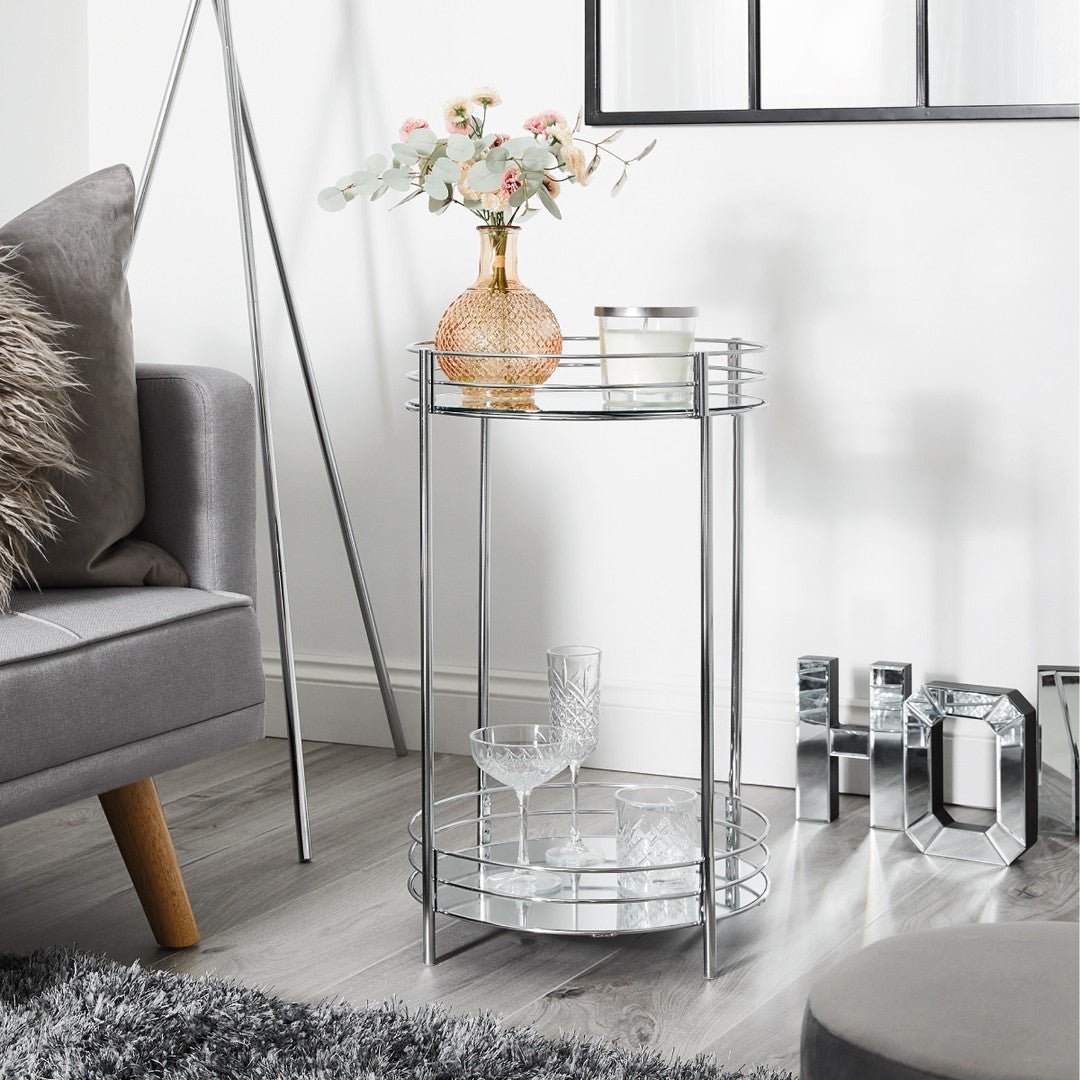 Multipurposed Chrome Effect 2 Tier Metal Tubes Glass Shelves Round Stand