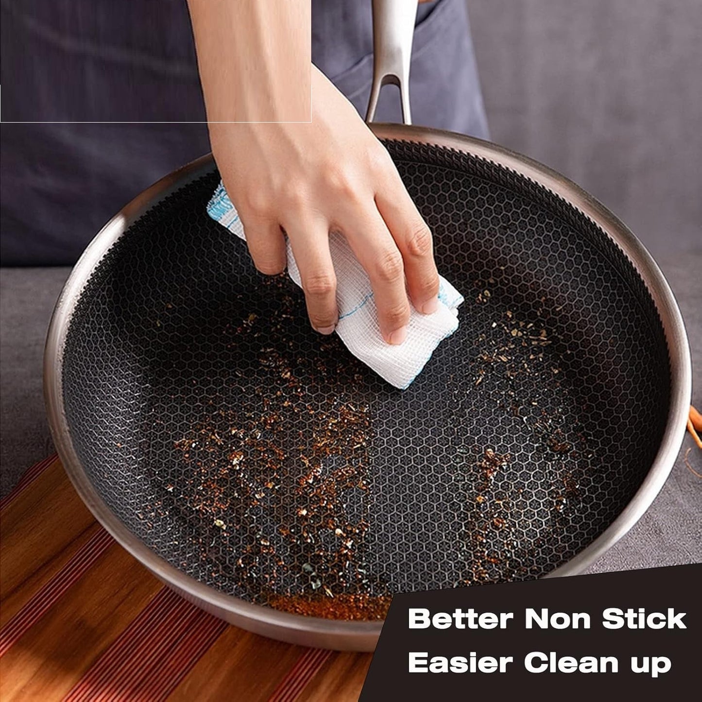 Double Sided Honeycomb Laser Coated Wok With Handle & Lid