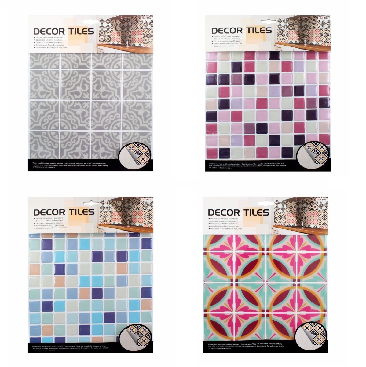 Pack of 4 - Random Design & Color Mosaic Traditional Tiles Stickers for Bathroom & Kitchen