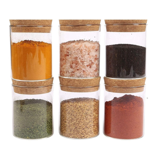 Pack of 6 - Small Glass Food Jar with Cork Lid and Airtight Sealing, Little Clear Canister Jar for Kitchen Storage, Mini Cork Bottle