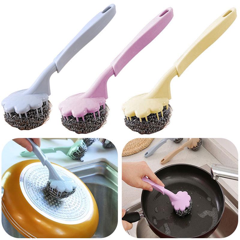 Random Color - Wire Ball With Long Handle, Stainless Steel Long Handle Wire Ball Brush, Steel Scotch Brite With Handle Kitchen Hanging Cleaning Brush Washing Tool