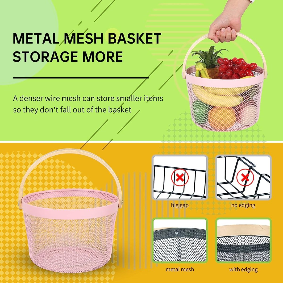 Round Metal Mesh Basket with Wooden Handle