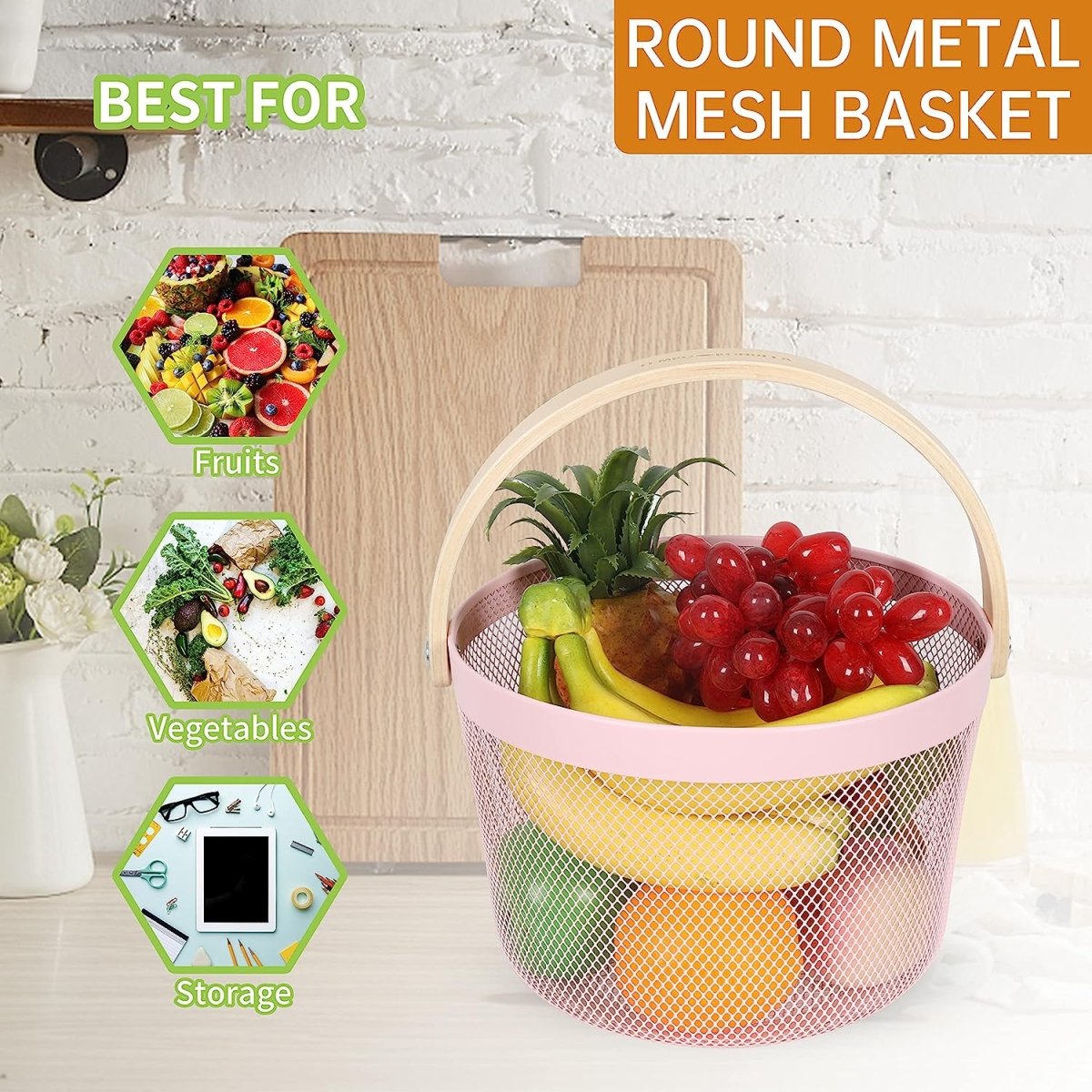 Round Metal Mesh Basket with Wooden Handle