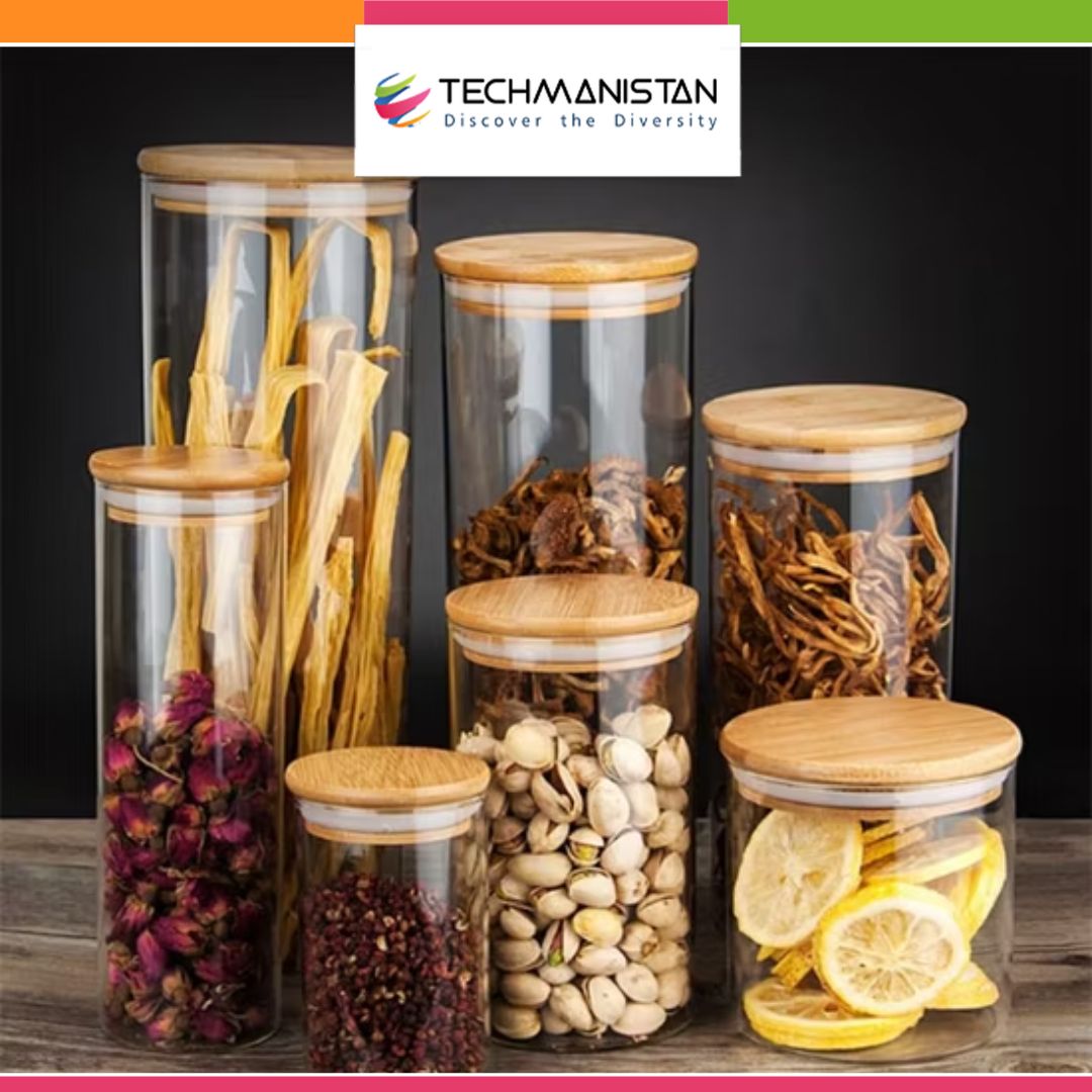 Set of 3 - Round Glass Kitchen Jars With Wooden Bamboo Lids
