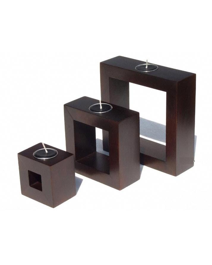 Set of 3 - Solid Mango Wood Square Candle Holders