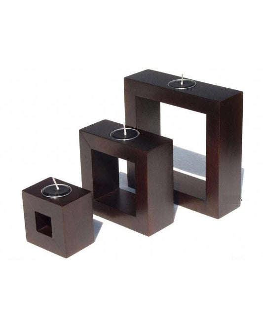 Set of 3 - Solid Mango Wood Square Candle Holders