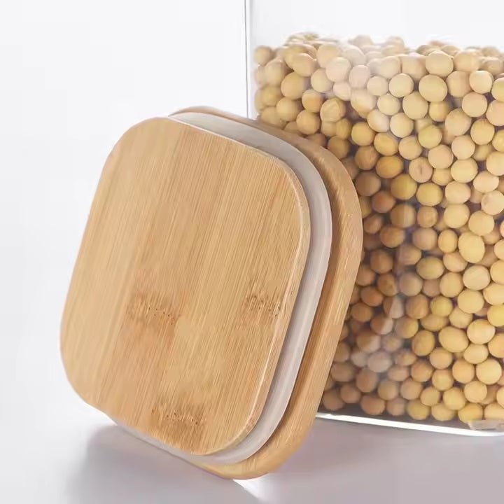 Set of 3 - Square Glass Kitchen Jars With Wooden Bamboo Lids